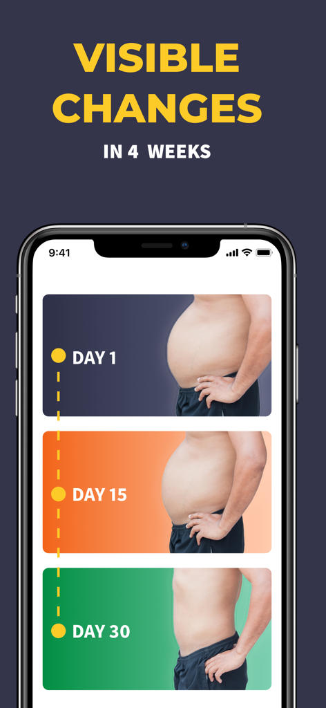 Perfect Abs: Six Pack Workouts - A mobile app screen showing visible body transformation results from Day 1 to Day 30