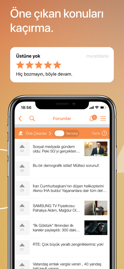 A mobile phone displaying the trending forum topics and a five star user review on the DonanimHaber tech news app.