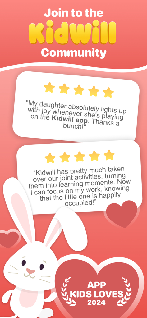 Parent reviews and 5-star ratings for the Kidwill learning app with a cute rabbit illustration.