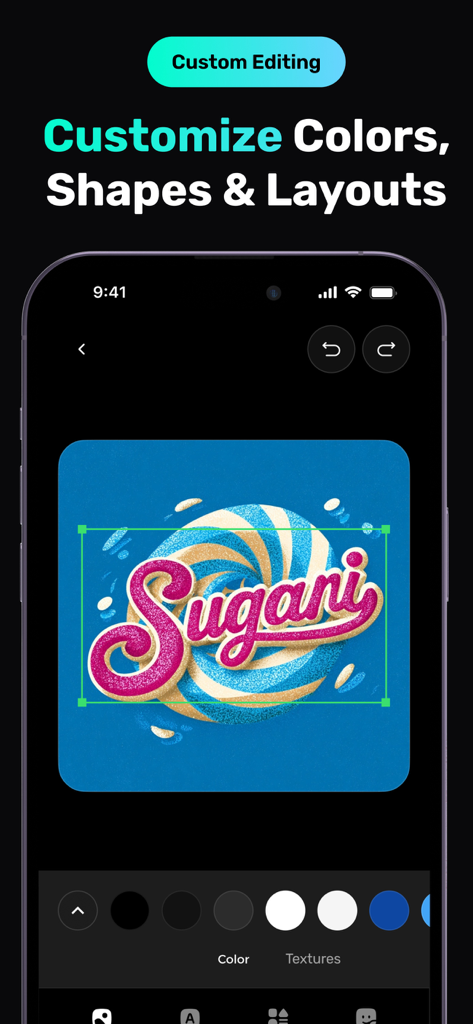 A smartphone screen showing the custom editing interface of Logo AI app where a user is modifying a colorful Sugani logo with options for colors, textures, and layouts.
