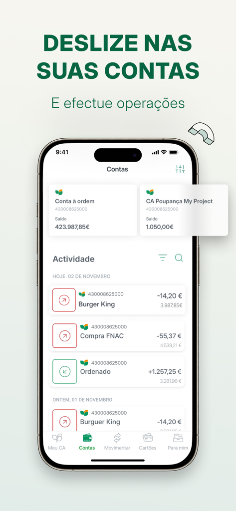 CA Mobile - Ecrã da aplicação bancária CA Mobile exibindo saldos de conta e uma lista de transações recentes num iPhone.