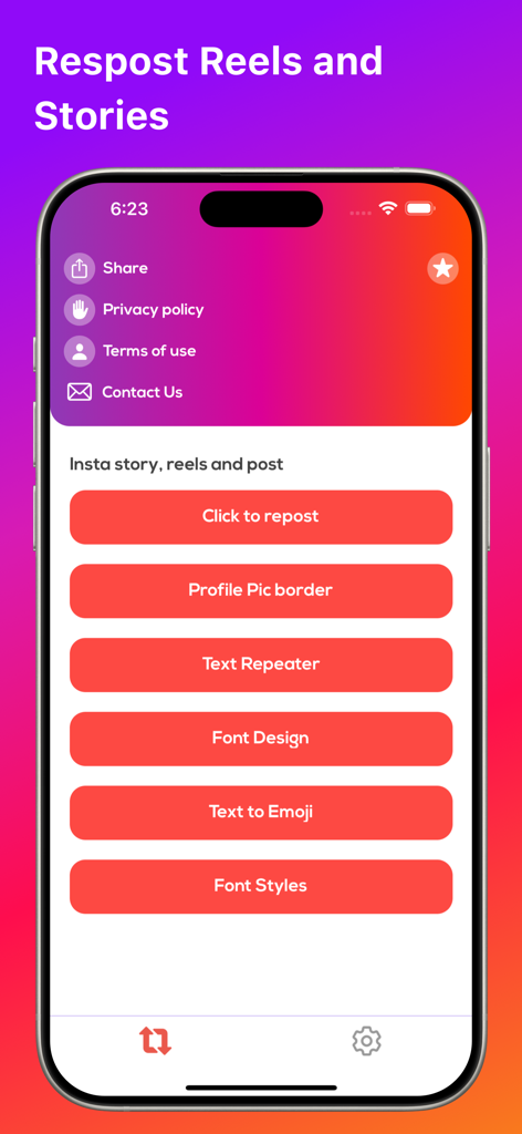 InstSave app interface with reposting options and creative text tools.