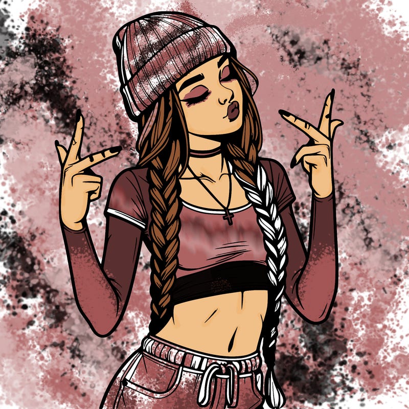 realistic teenage girl with braids and a beanie and crop top doing 🫶🏼