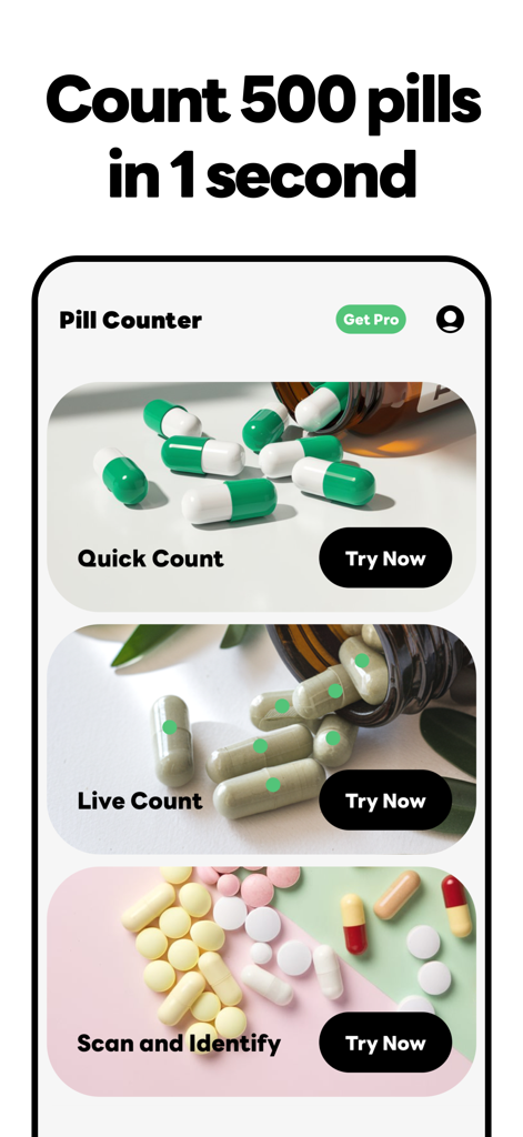 Pill Counter AI app interface with options for Quick Count, Live Count, and Scan and Identify features