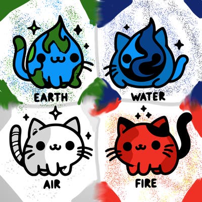 4 cats that represent the different elements, earth, water, air, and fire