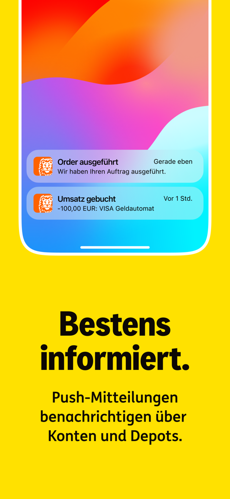 ING Deutschland app screenshot showing push notifications for account transactions and stock market orders on a smartphone
