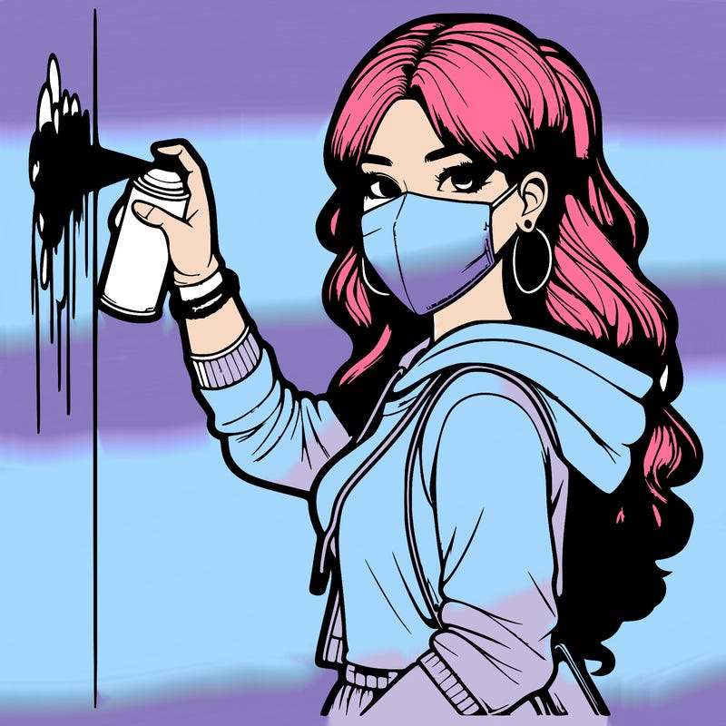 realistic girl with mask spray painting a wall