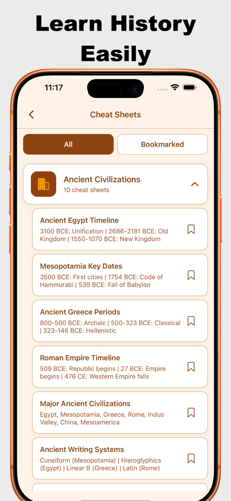 History AI:  Homework Answers - A mobile app screen displaying a list of history cheat sheets and timelines for ancient civilizations like Egypt, Mesopotamia, and Greece.