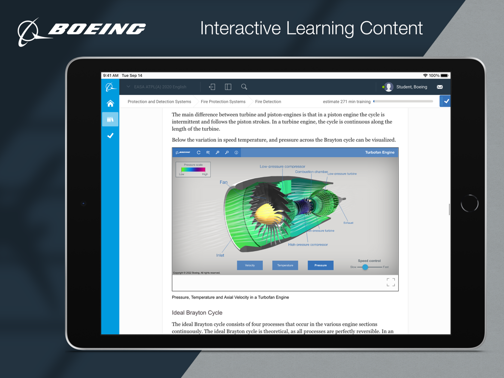 iPad displaying the Boeing Learning Solutions app with an interactive 3D diagram of a turbofan engine showing internal components.
