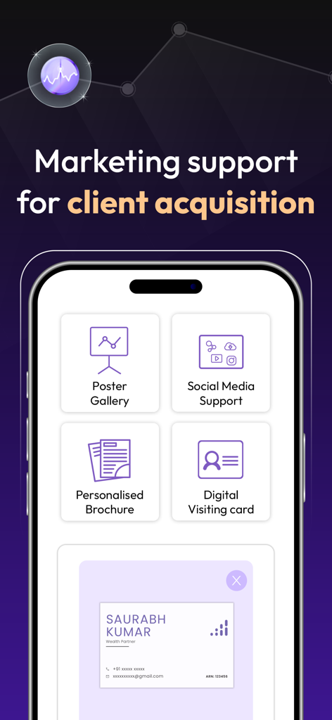 Wealthy Partner - MFDs & IFAs - Wealthy Partner app screen showing marketing tools for client acquisition including digital visiting cards and personalized brochures.