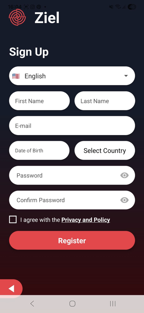 Ziel App - The sign up screen for the Ziel app showing the registration form for new users