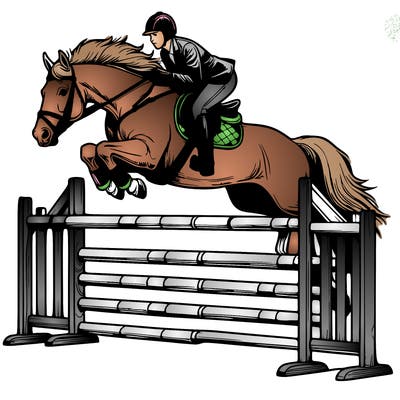 realistic horse jumping over jump with rider