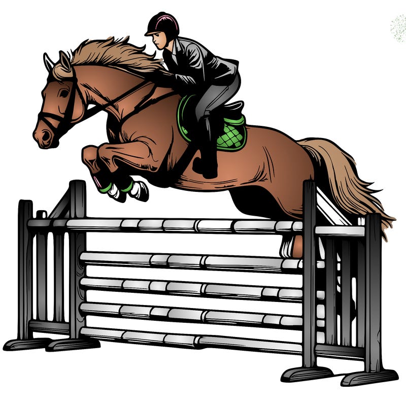 realistic horse jumping over jump with rider