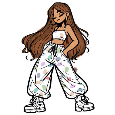 girl in baggy pants crop top and long hair