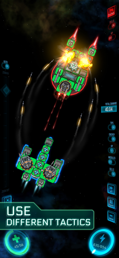 A tactical space battle between two custom designed modular spaceships in the Space Arena game.