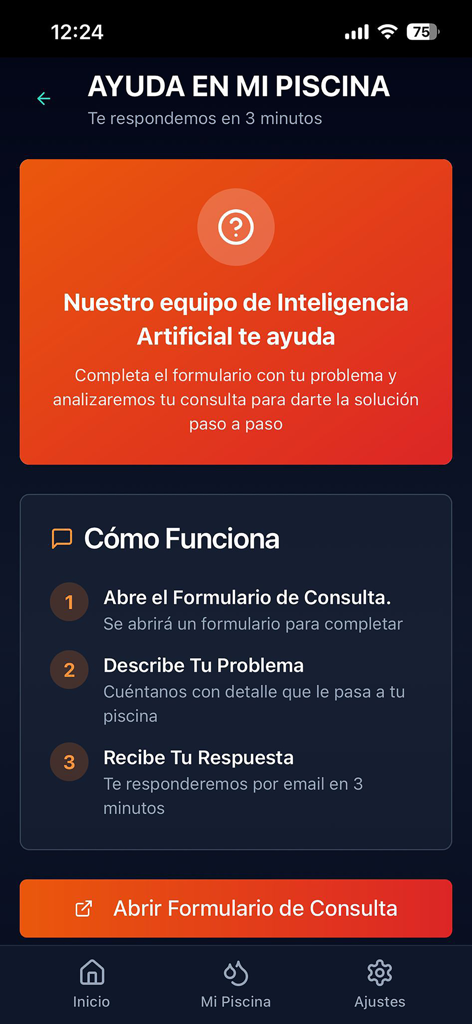 WET app Piscinas - AI support interface in the WET pool maintenance app for troubleshooting pool issues