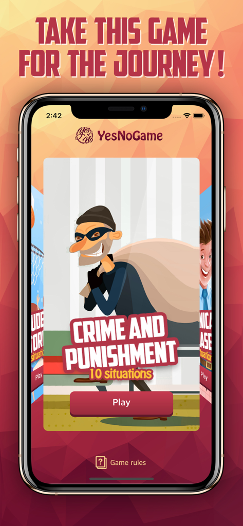Group Games on Phone: Yes No - Yes No Game app interface displaying the Crime and Punishment mystery category with a cartoon burglar character.
