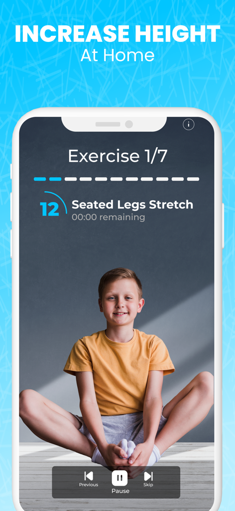 Um menino realizando um exercício de alongamento de pernas sentado na interface do aplicativo Crescer Mais Alto