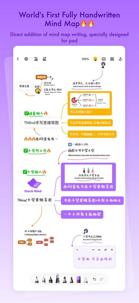 Interface of TouchMind app showing a handwritten mind map with colorful nodes and diagrams on an iPad