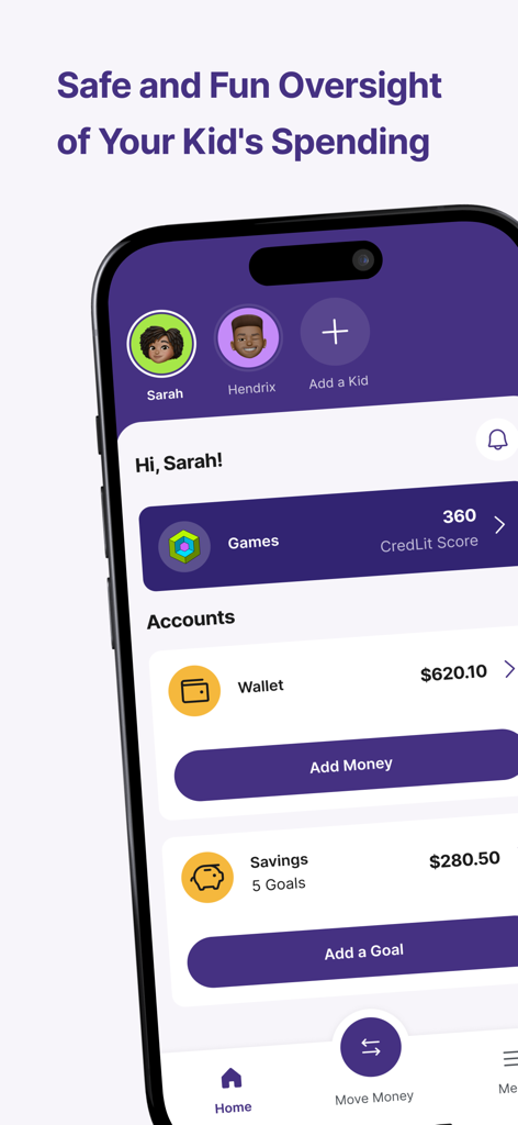 Goalsetter: Invest & Bank - Aplicativo móvel Goalsetter mostrando um painel do pai com saldos de conta e metas de poupança