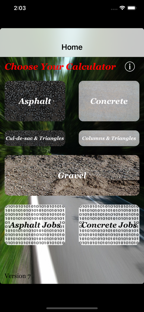 Main menu screen of the Asphalt Calculator app showing buttons for asphalt concrete and gravel calculators.