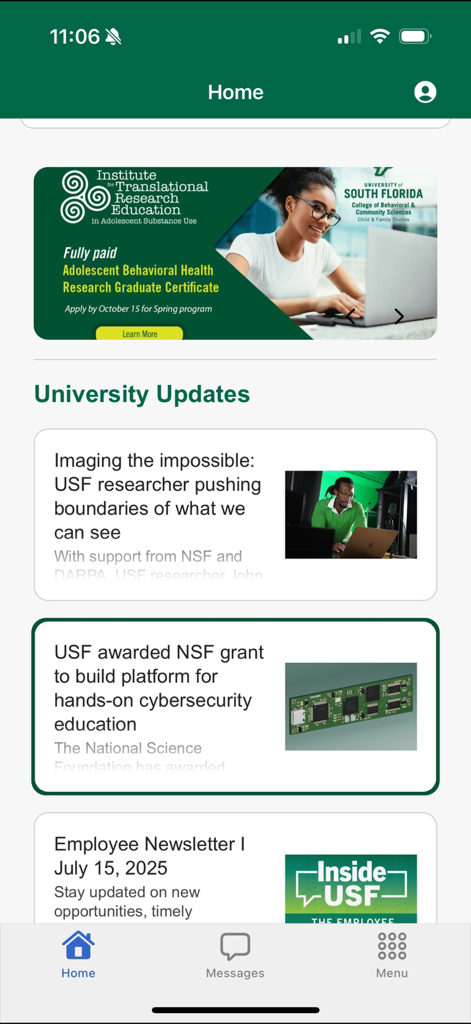 MyUSF Mobile - Home screen of the MyUSF Mobile app displaying university updates and news articles.