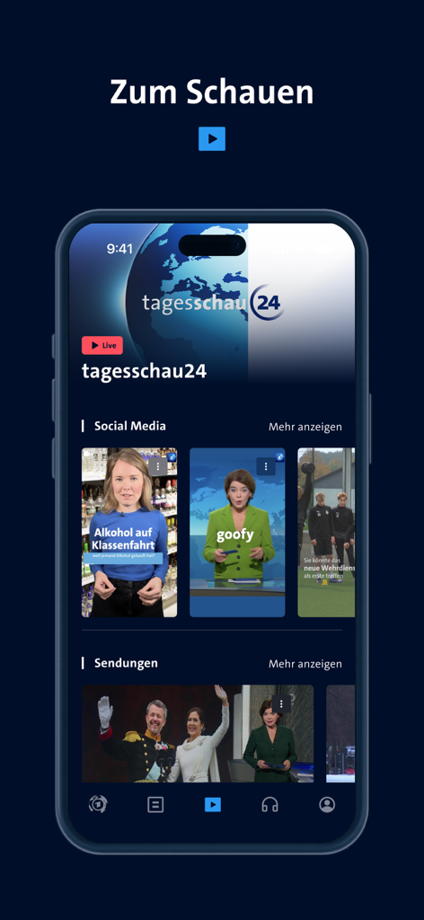 Tagesschau app interface displaying live news streams and social media video content