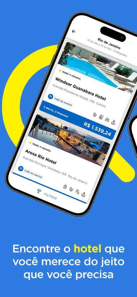 Interface de l'application mobile affichant les résultats de recherche d'hôtels et les prix à Rio de Janeiro, Brésil