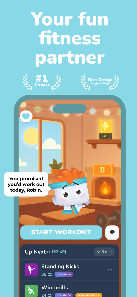 Luvu home fitness app interface featuring a cute marshmallow character in a cozy room reminding the user to start their workout.