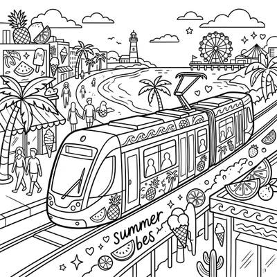 Hop aboard for a summer adventure with this detailed coloring page featuring a tram cruising along a lively beach. Perfect for teens, it's packed with sunny motifs and urban coastal charm.