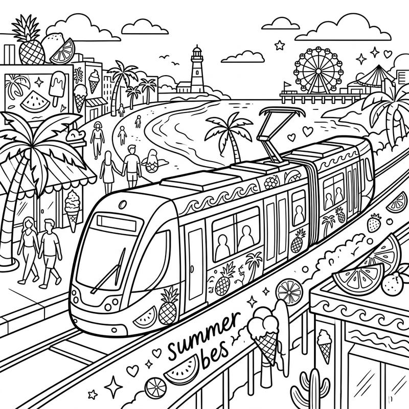 Hop aboard for a summer adventure with this detailed coloring page featuring a tram cruising along a lively beach. Perfect for teens, it's packed with sunny motifs and urban coastal charm.