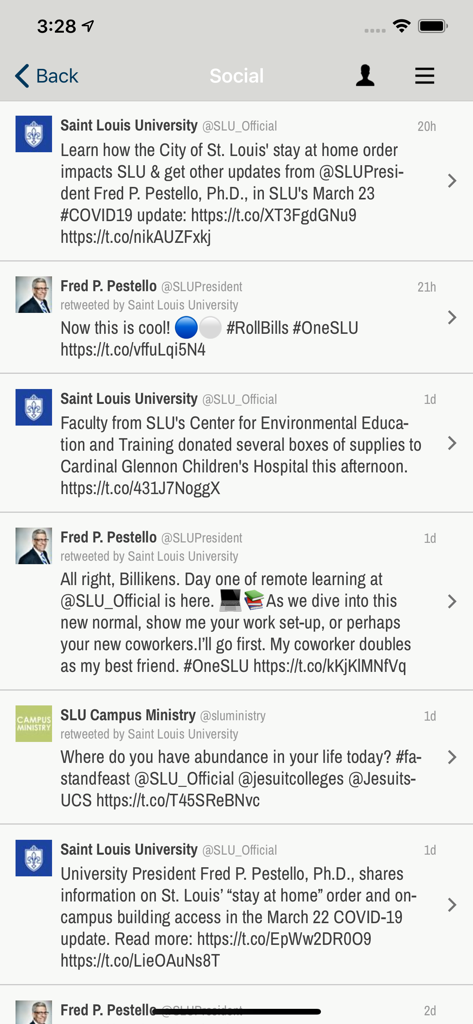セントルイス大学アプリのソーシャルメディアフィード画面。大学とその学長からの更新が表示されています。