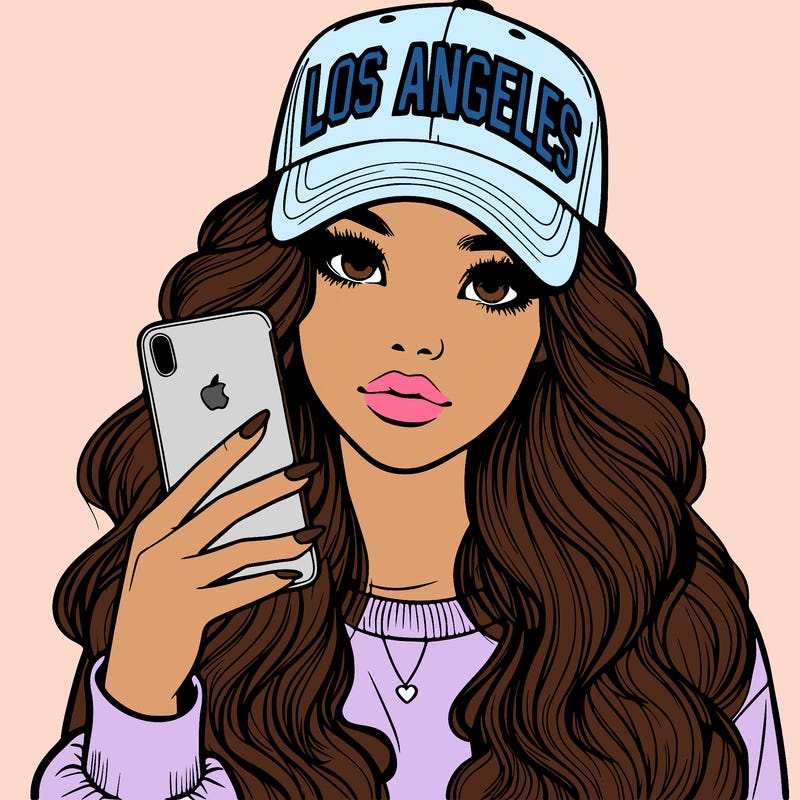 realistic beautiful girl wearing los ángeles cap holding an iphone