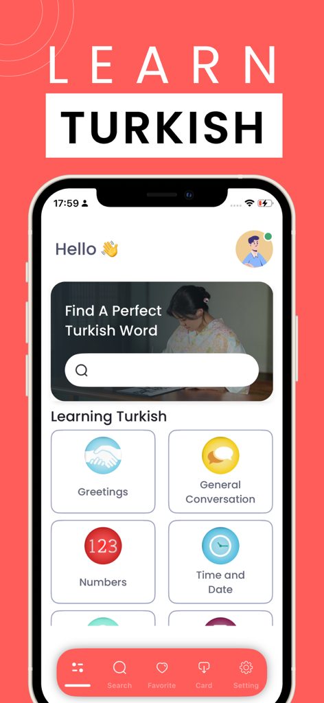Home screen of the Learn Turkish Phrasebook mobile app showing situational categories like Greetings and General Conversation