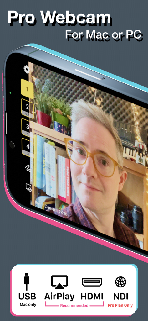 Interfaz de la aplicación Shoot Pro Webcam mostrando un feed de vídeo de alta calidad y opciones de conexión para USB, AirPlay, HDMI y NDI.