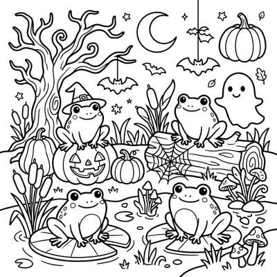 Get ready for a hopping good Halloween with our charming frog coloring page set in a spooky wetland. This delightful scene features friendly frogs, grinning jack-o'-lanterns, and whimsical bats, perfect for a festive coloring adventure.
