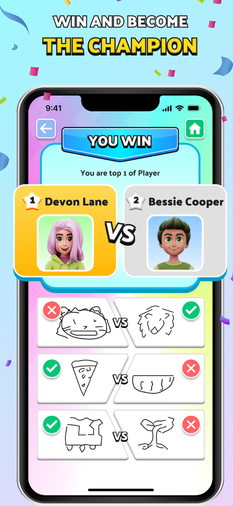 Quick Draw: AI Guess Drawing - Win screen of Quick Draw AI showing a 1vs1 drawing competition result