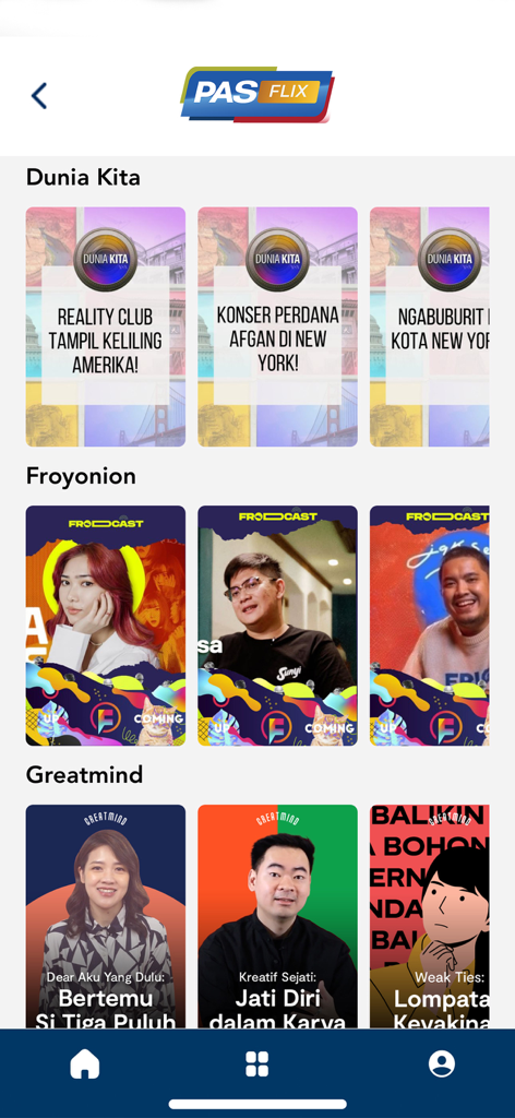 PASFLIX mobile app interface showing categories of video content for travelers