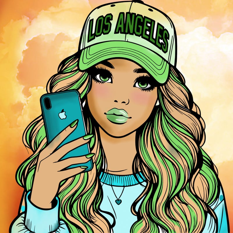 realistic beautiful girl wearing los ángeles cap holding an iphone
