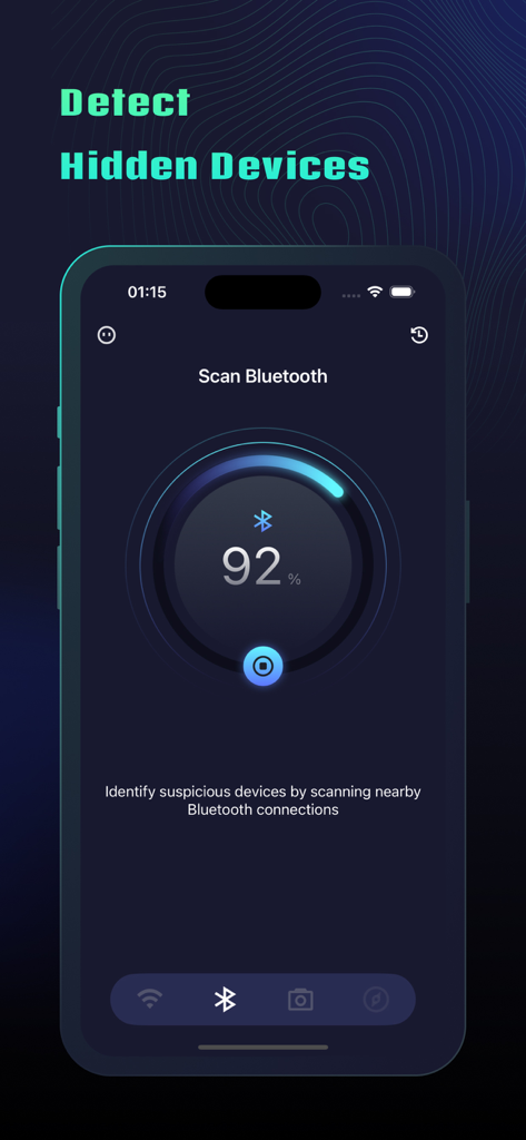 Spy Hidden Camera Detector+ - A mobile app interface displaying a Bluetooth scan at 92 percent progress to detect hidden devices