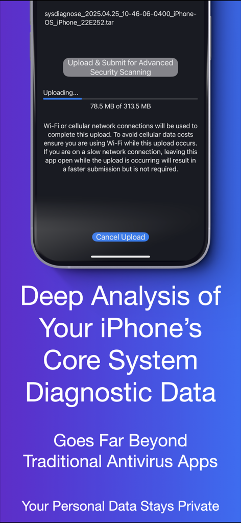 Am I Secure? Antivirus Pro - App interface showing deep analysis of iPhone core system diagnostic data for security.