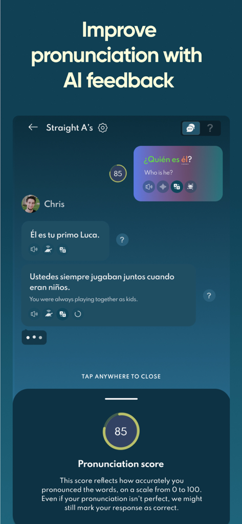 Una captura de pantalla de la interfaz de la aplicación Jumpspeak que muestra un chat con texto en español y una puntuación de pronunciación de 85 con retroalimentación de IA.