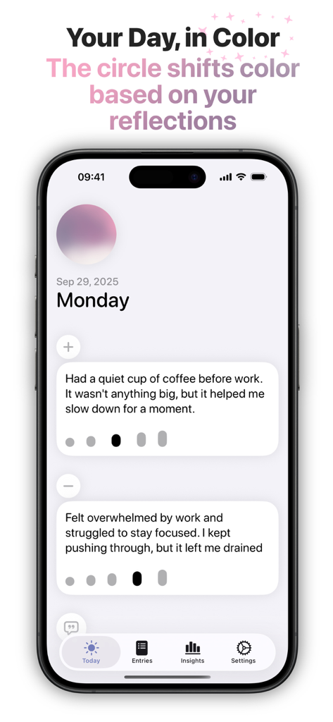 Reflect & Journal - Bloom - Interface of Bloom journal app showing daily highlights and challenges with a color coded mood circle