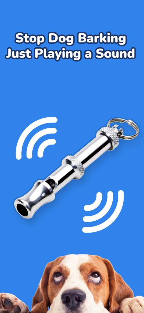 A silver dog whistle icon with sound waves and a beagle dog on a blue background promoting the feature to stop dog barking