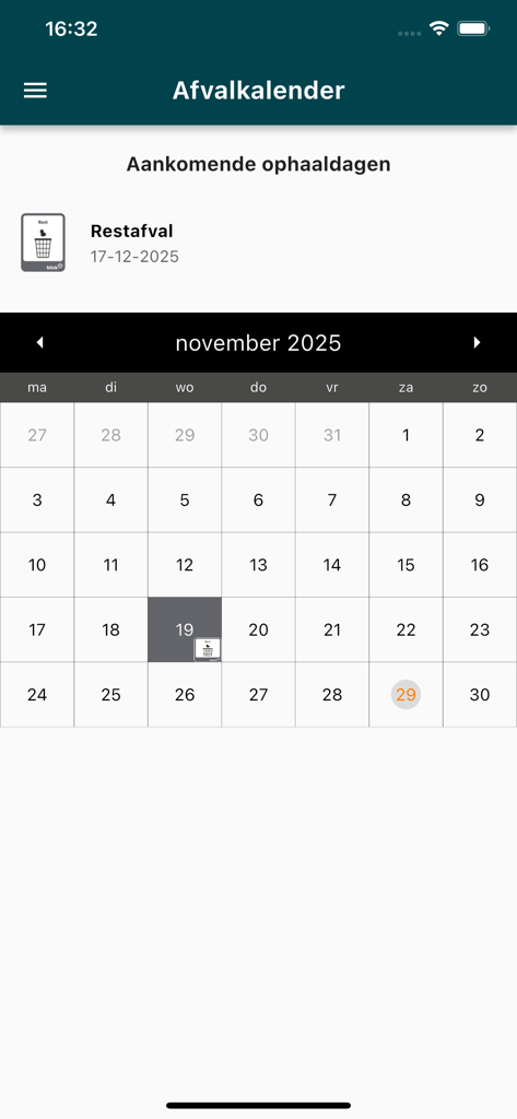 Blink Afval app waste collection calendar showing upcoming pickup dates and a monthly schedule