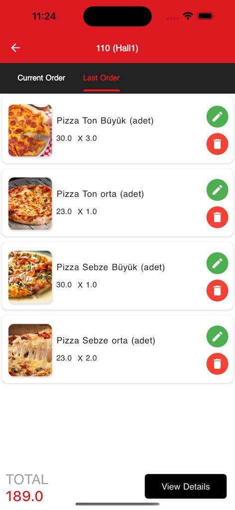 Mobile app screen showing a restaurant order summary with pizza items prices and images