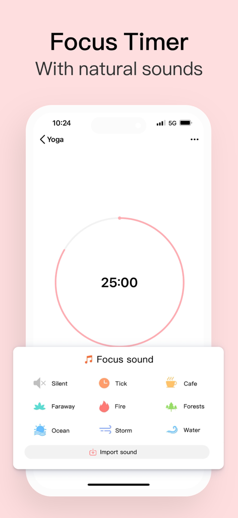 Focus timer screen with natural background sounds for productivity and meditation