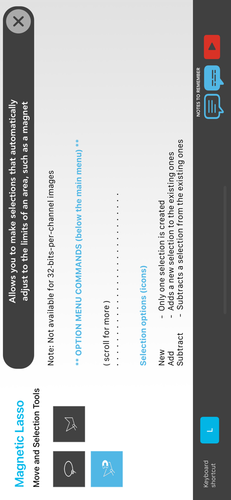 Learn Ps Tools - Screenshot der Erklärung des Magnetlassowerkzeugs in der Learn Ps Tools App, der Beschreibung und Auswahloptionen zeigt