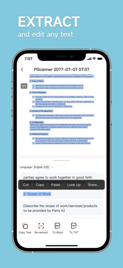 pScanner:PDF Document Scanner - iPhone screen showing the pScanner app extracting and editing text from a scanned document using OCR technology.