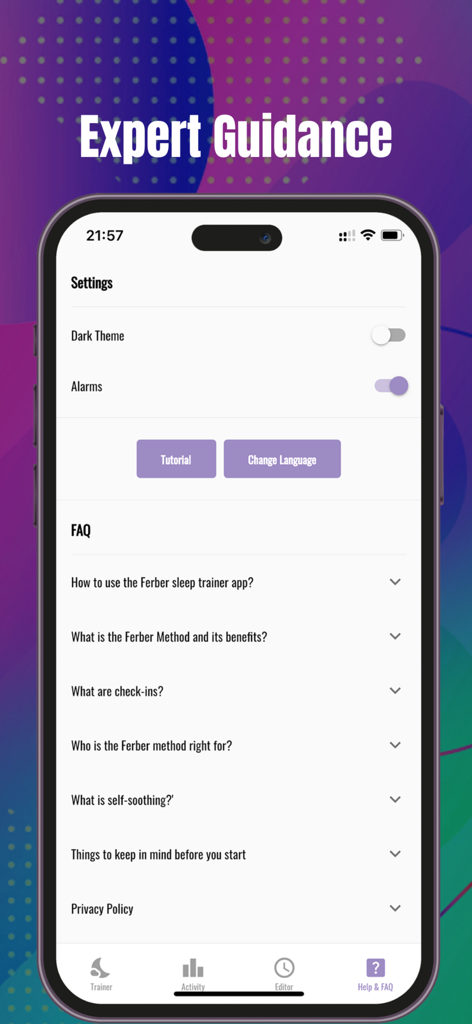 Sleep trainer - Ferber method - Sleep trainer app interface showing the help and FAQ section with expert guidance on the Ferber method.
